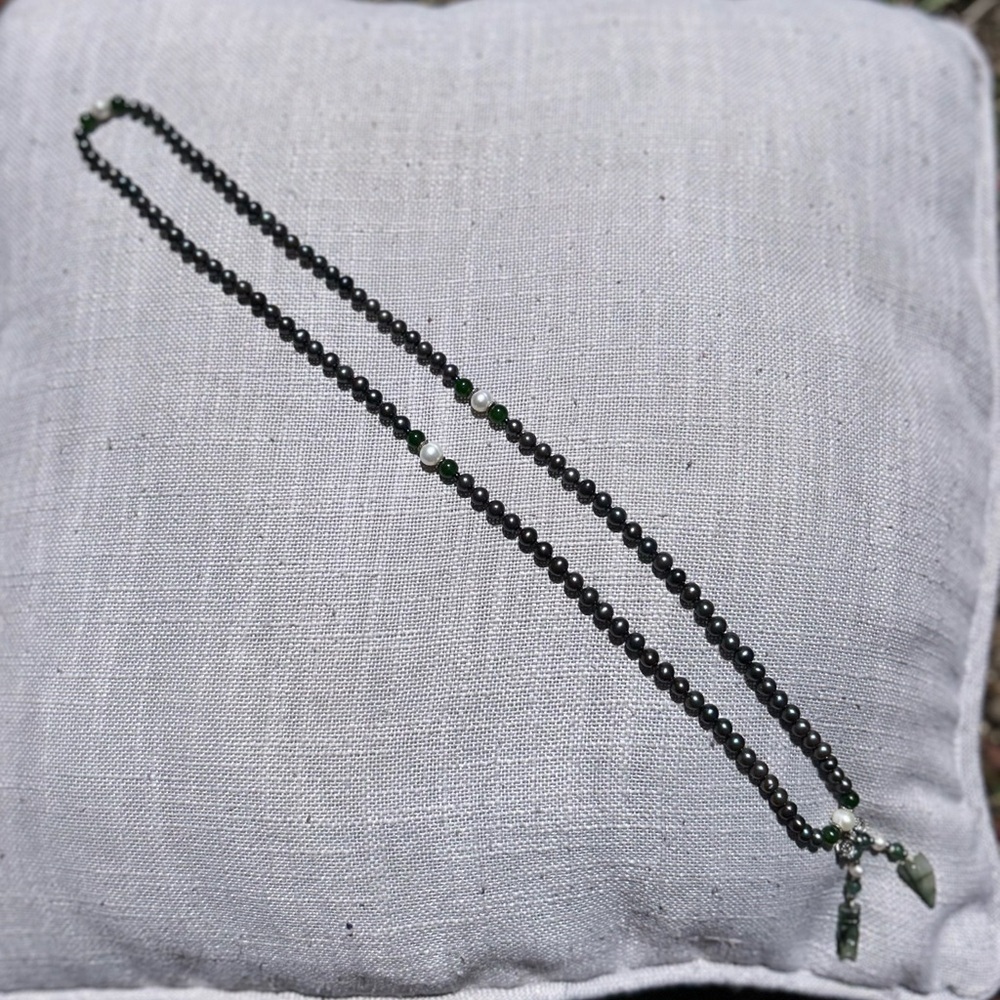 Genuine black and white pearl and jade mala prayer bead necklace from Asia